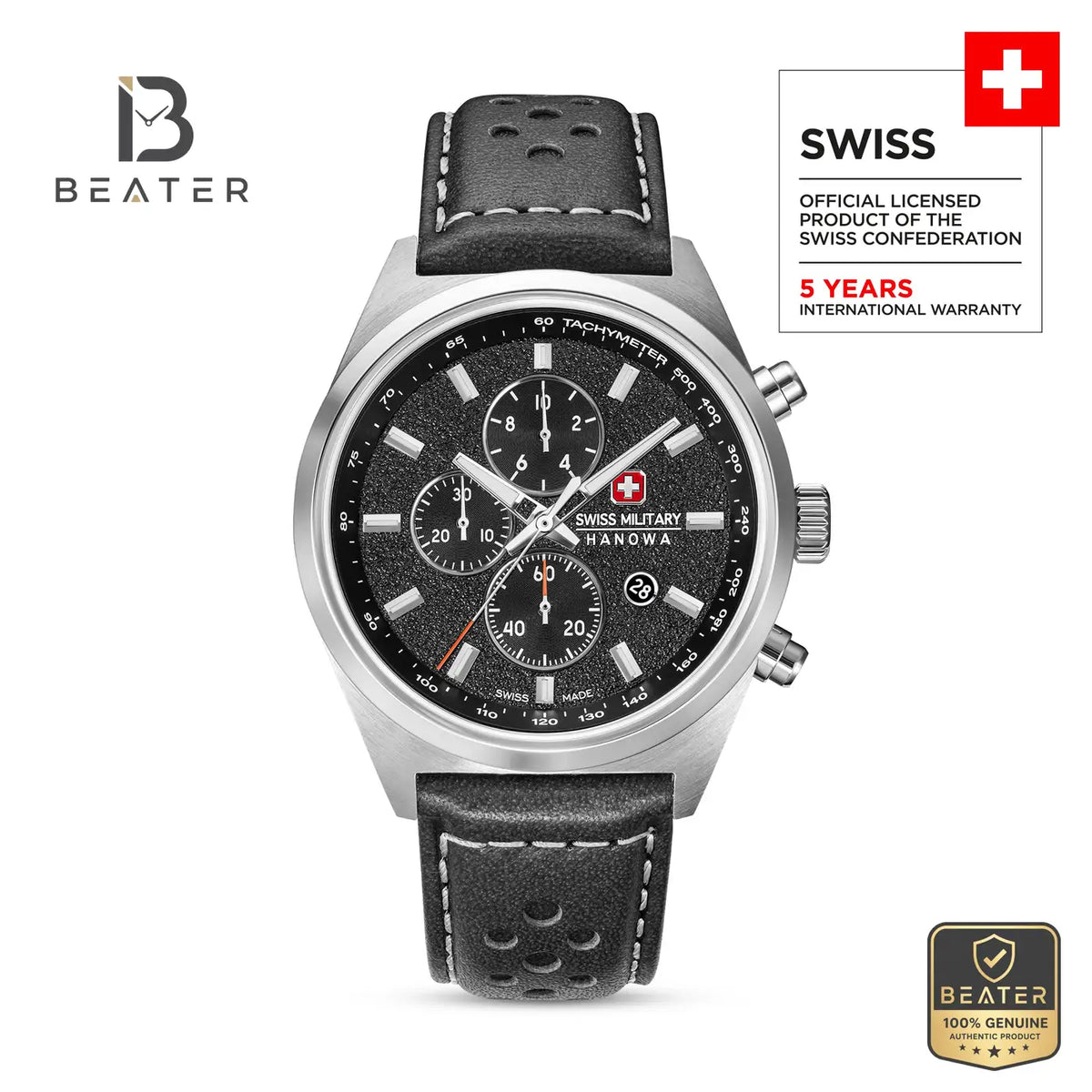 Swiss Military Hanowa SMWGC0007804 Men's Black Dial Leather Strap Watch - View 3 - Beater